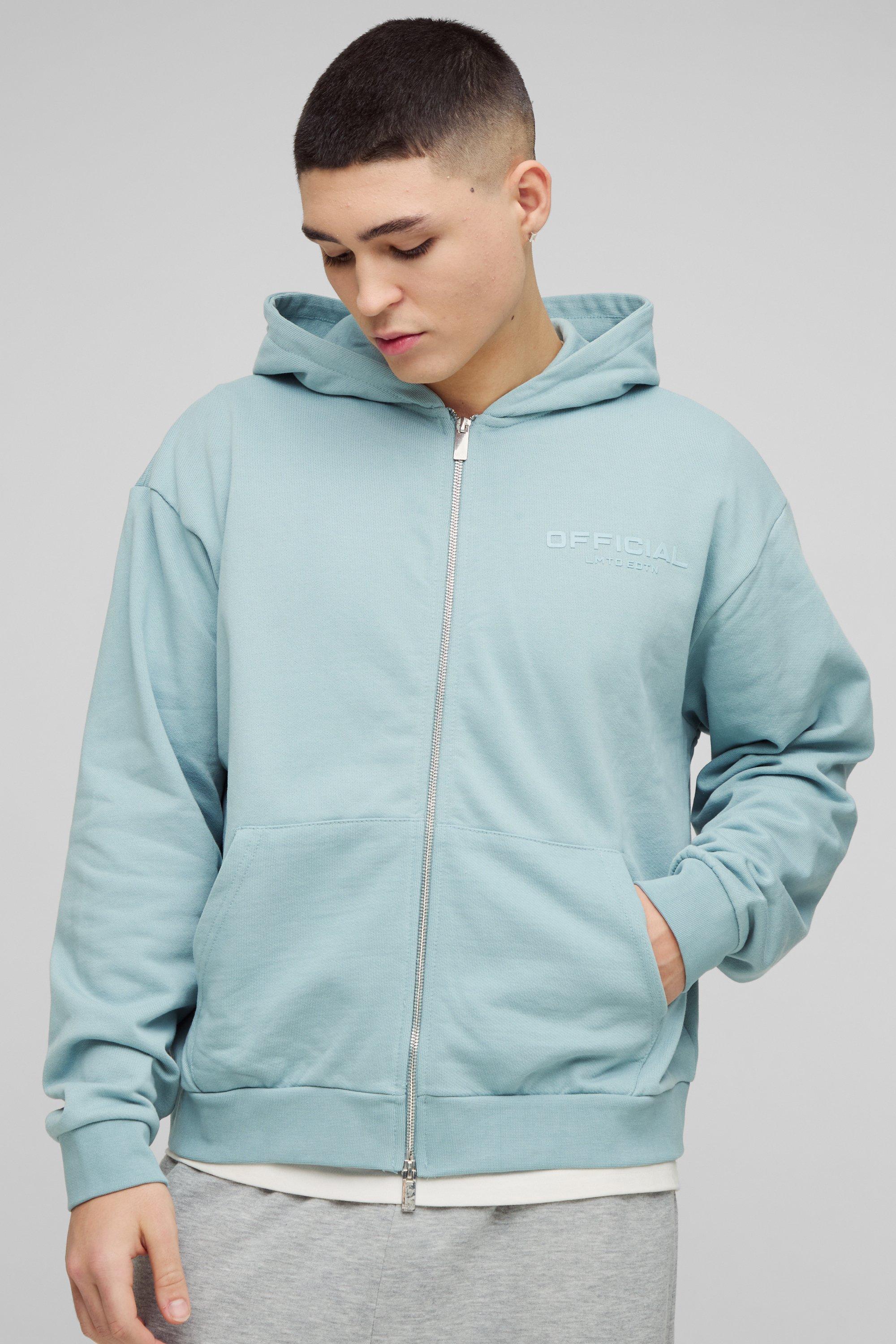 Mens Blue Oversized Boxy Heavyweight Zip Through Hoodie, Blue